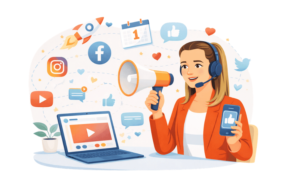 Illustration einer Marketingberaterin, die mit einem Megafon, Smartphone und Laptop verschiedene Botschaften über diverse Social Media und Online Kanäle verbreitet